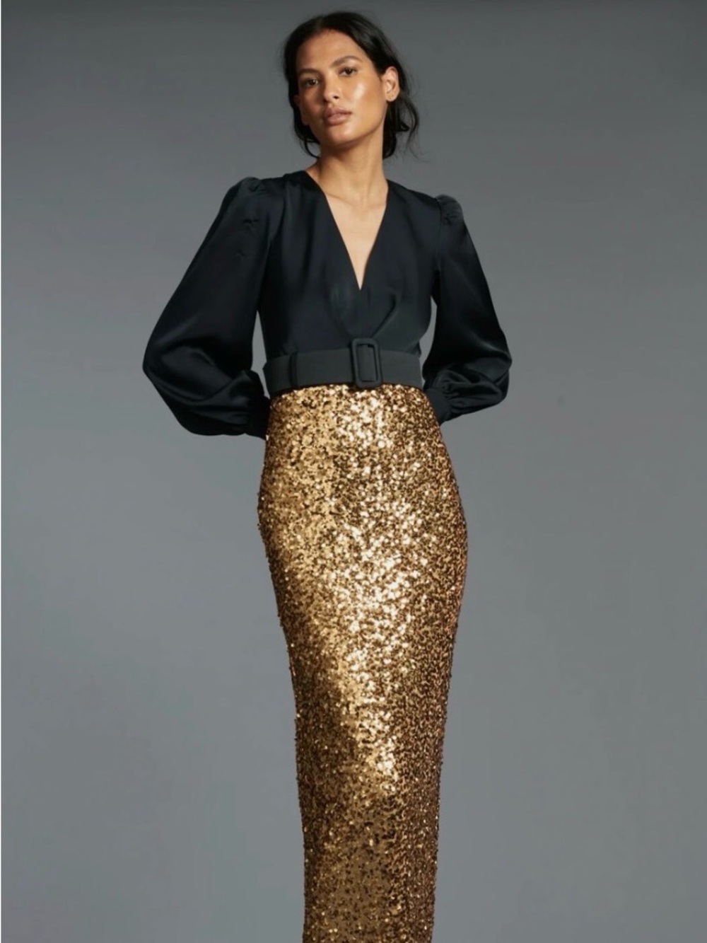 Sachin + Babi Black Top with Gold Sequin Long Skirt